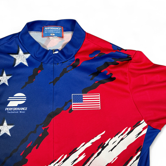 Vintage Performance Cycling Jersey Adult EXTRA LARGE Red Blue Flag USA 90s - Picture 2 of 6